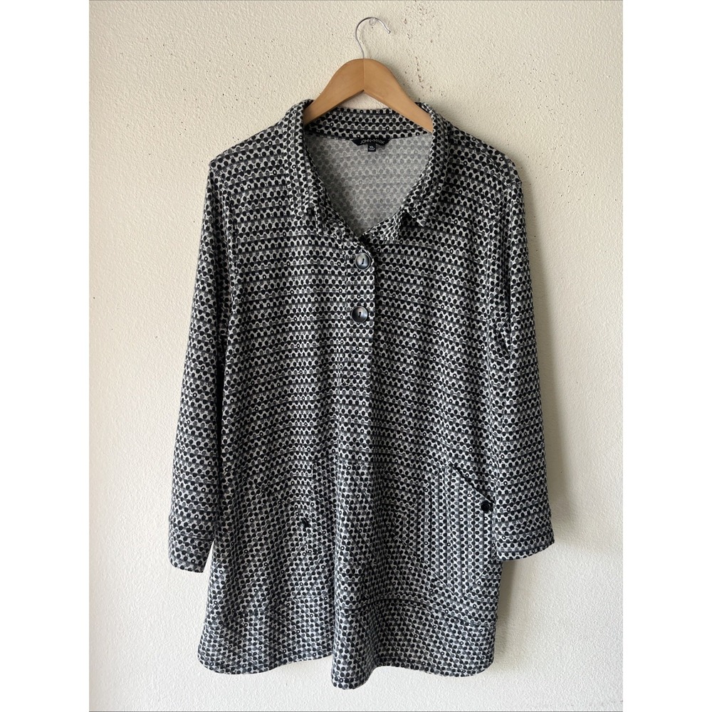 John Mark Tunic Top  White/Black Button 3/4 Sleeve Boho Artsy XL Polkadot Goth